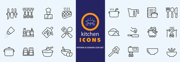 kitchen icon set with food drink and cooking symbols
