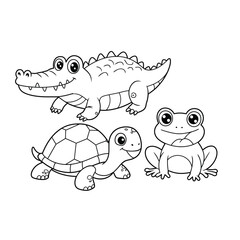 Cute funny crocodile, turtle and frog for coloring. Template for a coloring book with funny animals. Coloring page for kids.