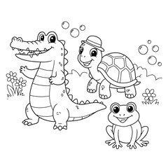 Obraz premium Cute funny crocodile, turtle and frog for coloring. Template for a coloring book with funny animals. Coloring page for kids.