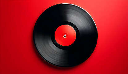 A classic vinyl record displayed against a vibrant red background, capturing the essence of retro music culture and nostalgia for audio enthusiasts.