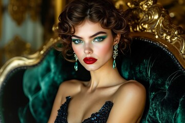 Fototapeta premium A woman in a black dress sitting on a green chair