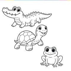 Cute funny crocodile, turtle and frog for coloring. Template for a coloring book with funny animals. Coloring page for kids.