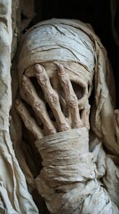 Obraz premium A mummy wrapped in a cloth covering its face with a bandage