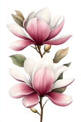 Fototapeta premium Delicate Pink and White Magnolia Flowers with Green Leaves on a Soft Background