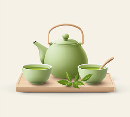 A refreshing green tea set up in a relaxing environment, Tea set ready for relaxation. The set includes a teapot, two bowls with a tea spoon and tea leaves on a tray.