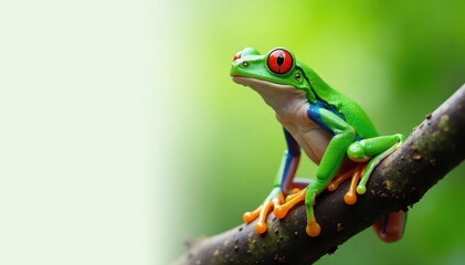 Naklejka premium Green tree frog perched on white, vibrant color , green, nature photography