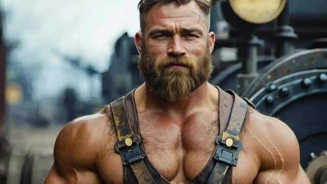 A man with a beard and a leather harness standing in front of a train