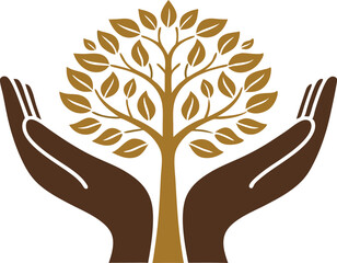 Minimalist logo design featuring two brown hands cradling a golden brain shaped tree for mental health and wellness 