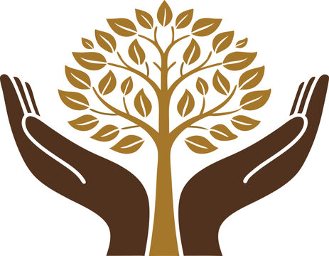 Minimalist logo design featuring two brown hands cradling a golden brain shaped tree for mental health and wellness 