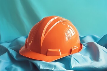 Bright orange safety helmet resting on a fabric surface.