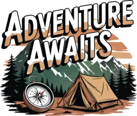 Selbstklebende Fototapeten Adventure awaits camping scene featuring mountains compass tent and forest illustration © Faruk
