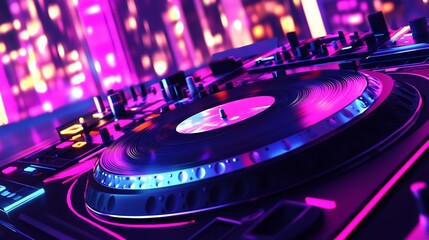 Electric DJ Mixer with Vinyl Record and Cityscape at Night Scene