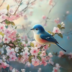 Fototapeta premium Cheerful robin posing among pink and white blossoms high-resolution picture