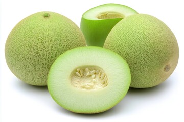 Fresh green melons sliced open, showcasing their juicy interior on a white background