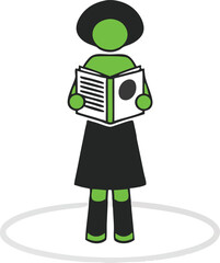 Minimalist vector illustration of a green figure reading a book with bold black outlines