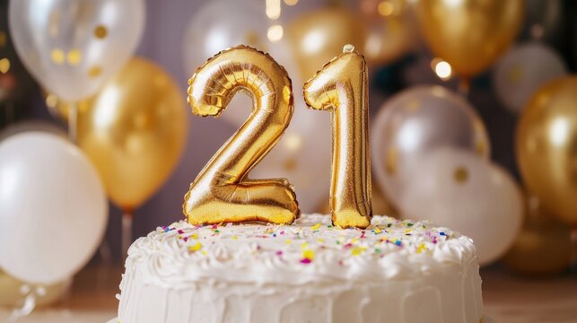 Celebrating 21st Birthday with Golden Balloons and Cake. Number 21 Birthday cake