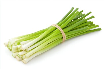 Fresh green onions bundled together on a white background, perfect for culinary use