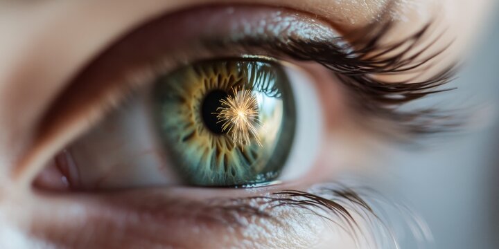 Close-up of eye reflecting fireworks display in green iris
