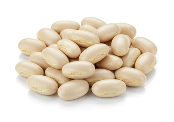 A pile of white beans on a white background showing texture and shape of the beans in detail close up