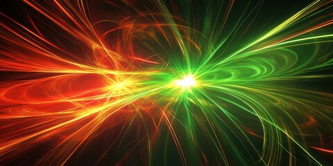 Dynamic red and green energy burst with radiant light trails