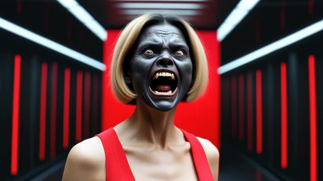 Beautiful blonde woman in red dress turns to camera scary screaming face of monster. Horror atmosphere obsession with the devil, screaming effect