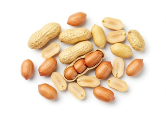 Obraz premium A top down view of several peanuts both shelled and unshelled scattered on a plain white background surface