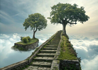 Stone Stairway Leading to Two Trees on a Cloud Island