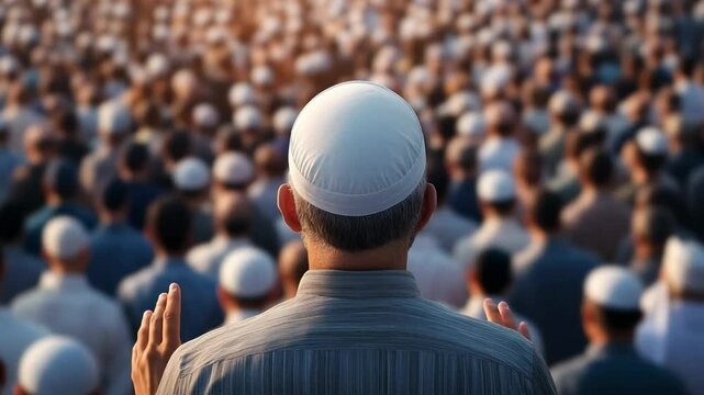 Gathering of individuals wearing white caps during prayer at a large religious event, showcasing the unity of the Muslim community