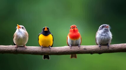 Colorful birds perched on a branch in a lush green environment, showcasing a vibrant display of feathers in natural habitat