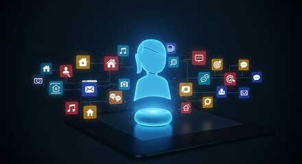 Virtual Assistant Connecting to Various App Icons on Tablet