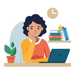 Bored woman sitting at desk. Tired sad office worker. Procrastination, burnout and boredom concept. Depressed upset exhausted lazy student. Flat vector illustration isolated on white background