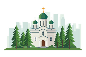 Orthodox church against the backdrop of the urban landscape. Orthodox Christian church with beautiful domes, pine and fir trees in a modern city. Vector illustration of an Orthodox church building.