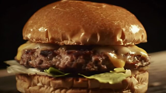 Rotating Cheeseburger Cinematic Food Advertisement B Roll Dynamic_3840x2160 With Golden Bun Melted Cheese Fresh Lettuce Delicious Meal And Tasty Restaurant Cooking