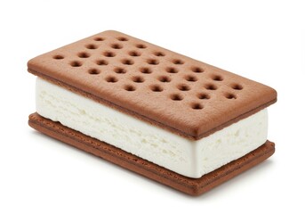 A rectangular ice cream sandwich with chocolate wafers on a white background in a studio shot