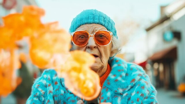 An elderly individual playfully using a flame thrower outdoors, creating vivid flames against a charming urban backdrop on a sunny day, showcasing a bold and creative spirit