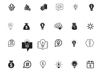 Set of 24 outline big idea, startup, creative and business idea, tips, brainstorming, project development, social media and marketing vector illustration and with innovative solutions editable vector 