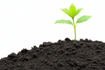 Fresh green plant sprouting from rich dark soil against a plain white background