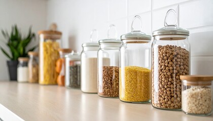 Minimalist kitchen counter top with glass jars full of bulk dry goods, zero-waste living concept