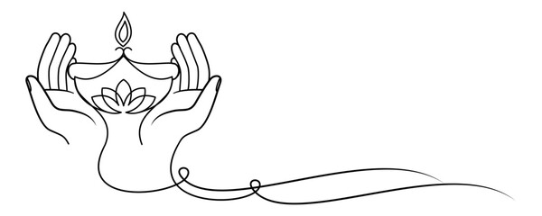 festive diwali hand and lantern line vector