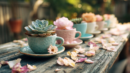Fototapeta premium Succulents and flowers in teacups on a wooden surface with scattered petals in a soft garden setting