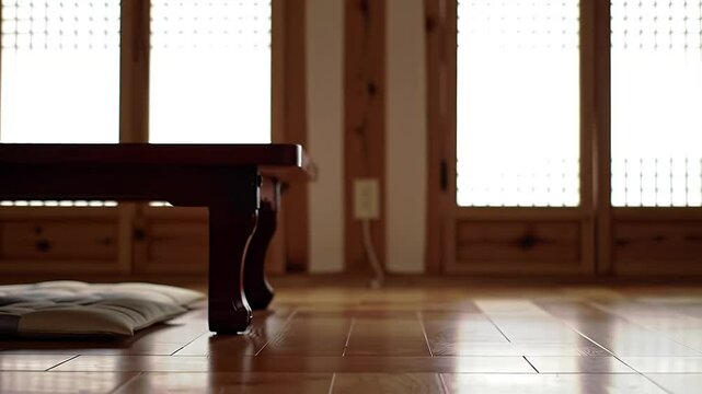 Traditional Korean Hanok House Room with Wooden Lattice Windows and Elegant Furnishings with Warm Lighting on Polished Wooden Floor