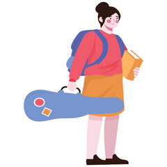 Back To School Illustration. Vector illustration of Girl with backpack carrying a book and a musical instrument case, ready for school or extracurricular activities. Isolated on background