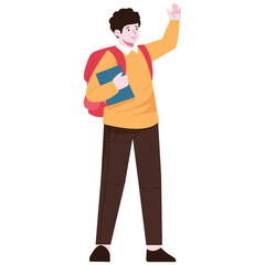 Back To School Illustration. Vector illustration of Boy student waving while holding a book and wearing a backpack, appearing friendly and excited. Isolated on background