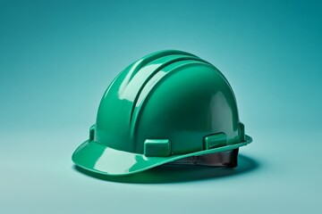 Bright green safety helmet against a pale turquoise background.