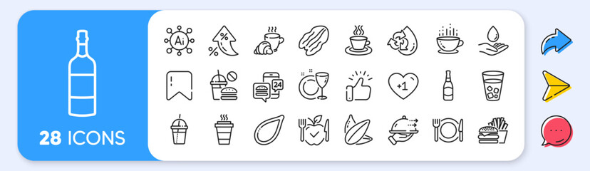 Burger, Food delivery and Brandy bottle line icons. Interest rate, AI generate, Inflation icons. Pack of Restaurant food, Water care, Ice tea icon. Vector