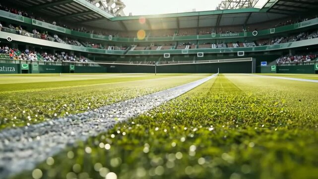 Vibrant tennis court scene with a lush green surface and white line, set in a sunlit stadium with an excited crowd background. Capturing the thrill of a live match. - Powered by Adobe