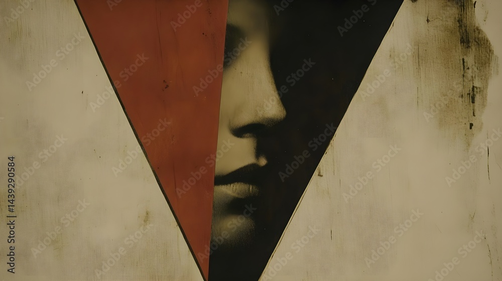 Poster artistic display of fragmented face urban setting mixed media abstract environment close-up visual c