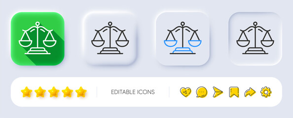 Justice scales line icon. Neumorphic, Flat shadow, 3d buttons. Judgement scale sign. Legal law symbol. Line justice scales icon. Social media icons. Vector