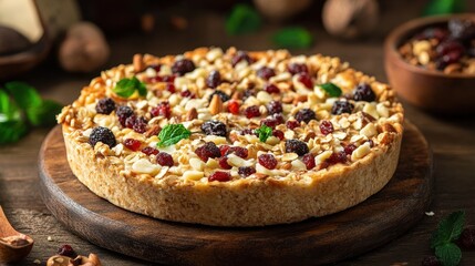 Delicious berry tart with nuts and mint leaves on a dark wooden board. Perfect for dessert menus, blog posts, or food-related promotions.