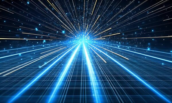 Digital technology background with blue light rays and binary code on a dark, abstract digital space, an AI or data center concept